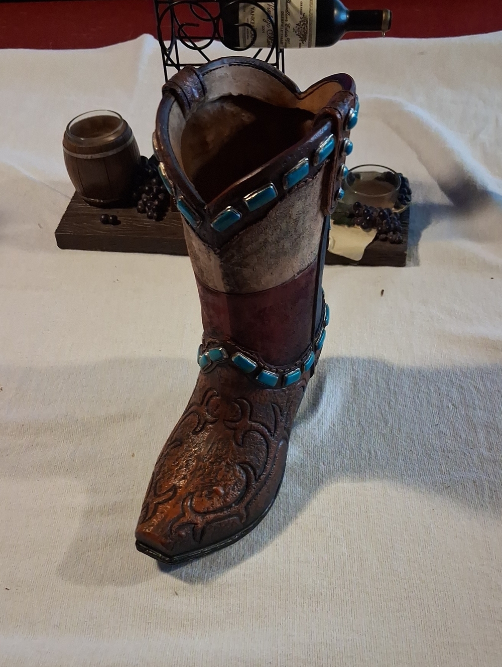 Decorative Western Boot Vase in Brown with Turquoise Accents